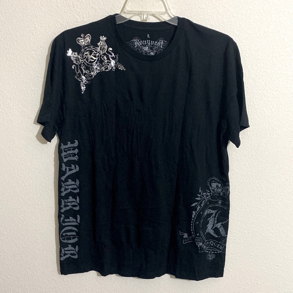 NWOT KONQUEST Men's Short Sleeve T-Shirt w Metallic Silver Crown Graphics Size L